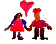 Picture of a cardfront.  Two children with a heart overhead.